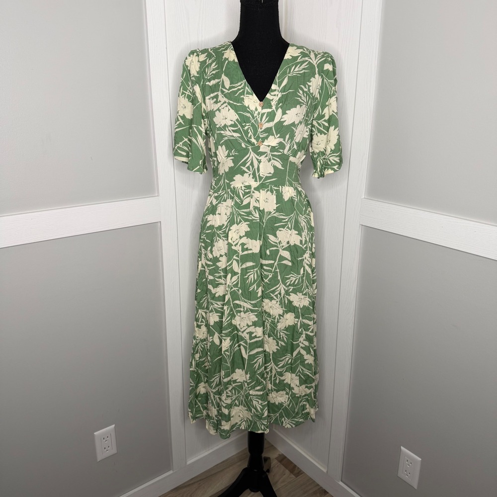 Kohl's Floral Midi Dress Women Size Small Green Ivory Elastic Waist Viscose